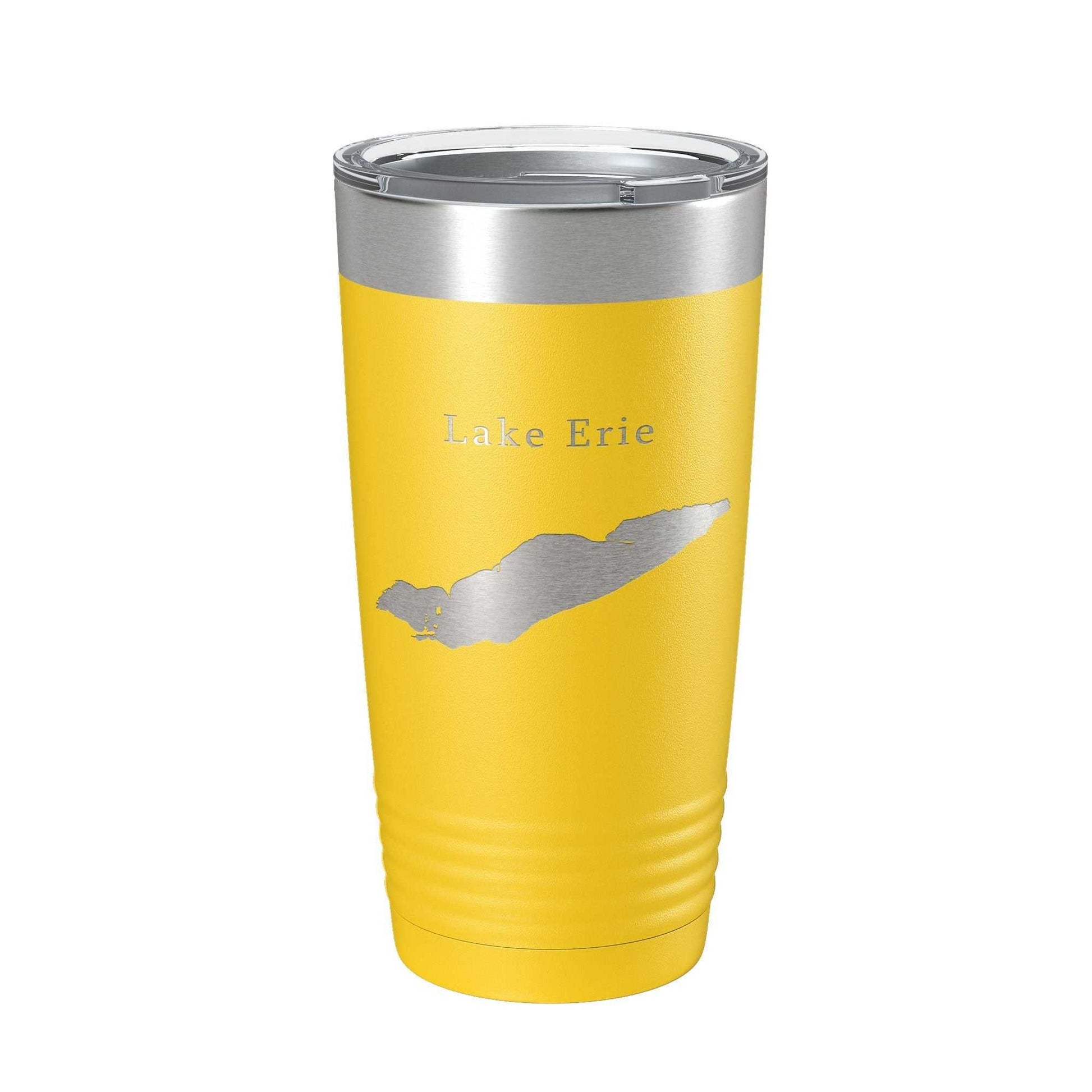 Yellow stainless steel travel mug with laser-etched Lake Erie map and clear lid, 20 oz insulated tumbler