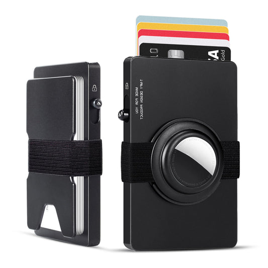 All-aluminum pop up slide slim card holder wallet with RFID blocking and detachable AirTag holder in black compact design