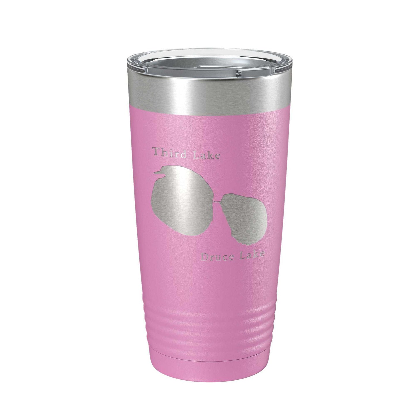 Pink stainless steel travel tumbler with laser engraved Third and Druce Lakes map and clear lid, 20 oz insulated coffee cup