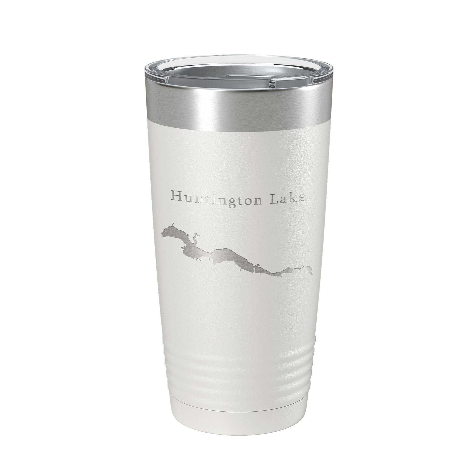 Huntington Lake map insulated stainless steel tumbler with clear lid and laser-etched design, 20 oz travel mug