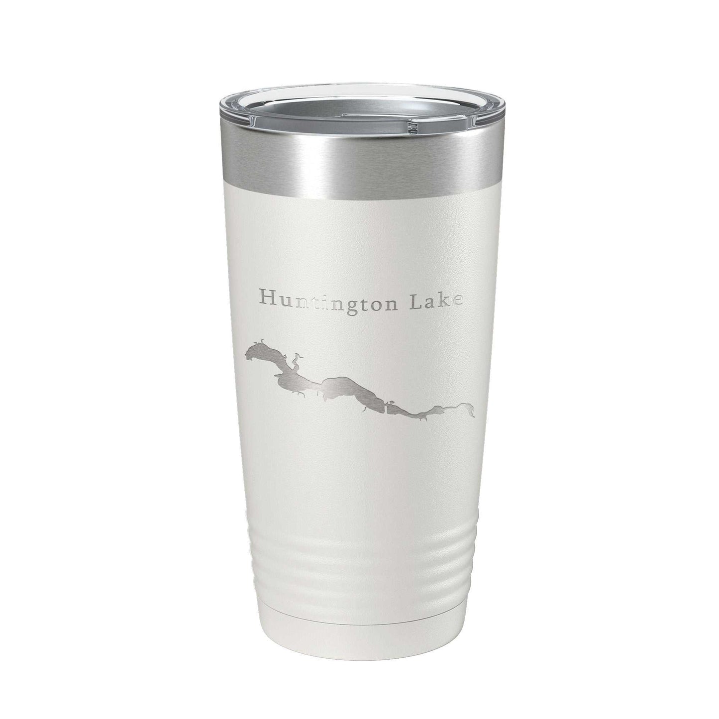 Huntington Lake Map insulated stainless steel travel mug with laser etched design and clear lid, 20 oz capacity