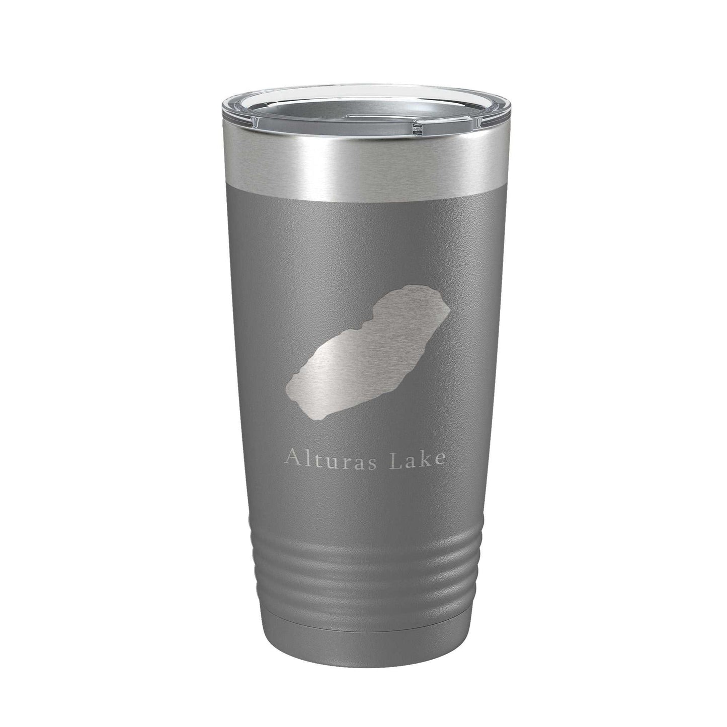 Alturas Lake Map Tumbler travel mug, laser engraved stainless steel insulated coffee cup with clear lid, 20 oz capacity
