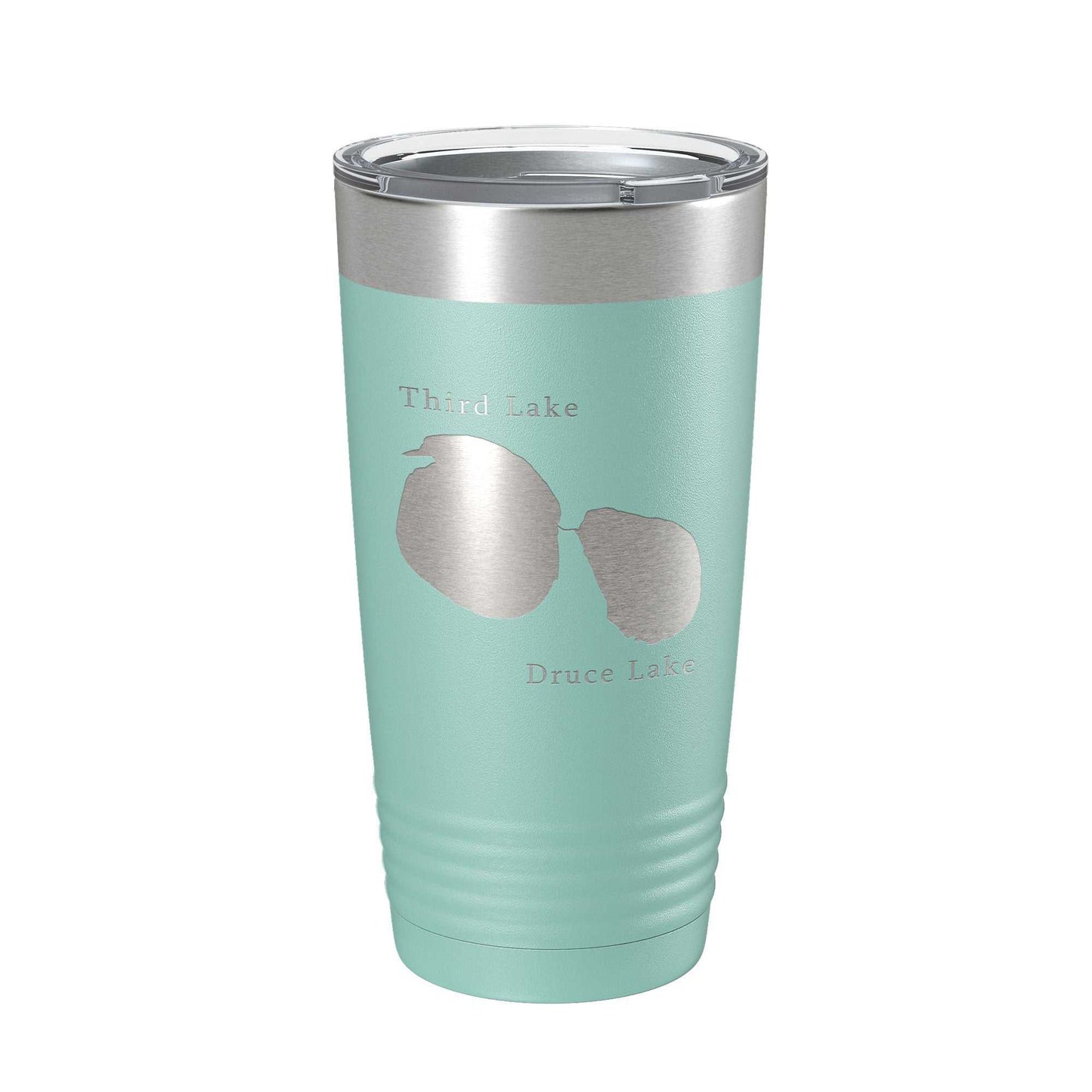 20 oz stainless steel insulated tumbler with laser engraved Third and Druce Lakes map and clear lid