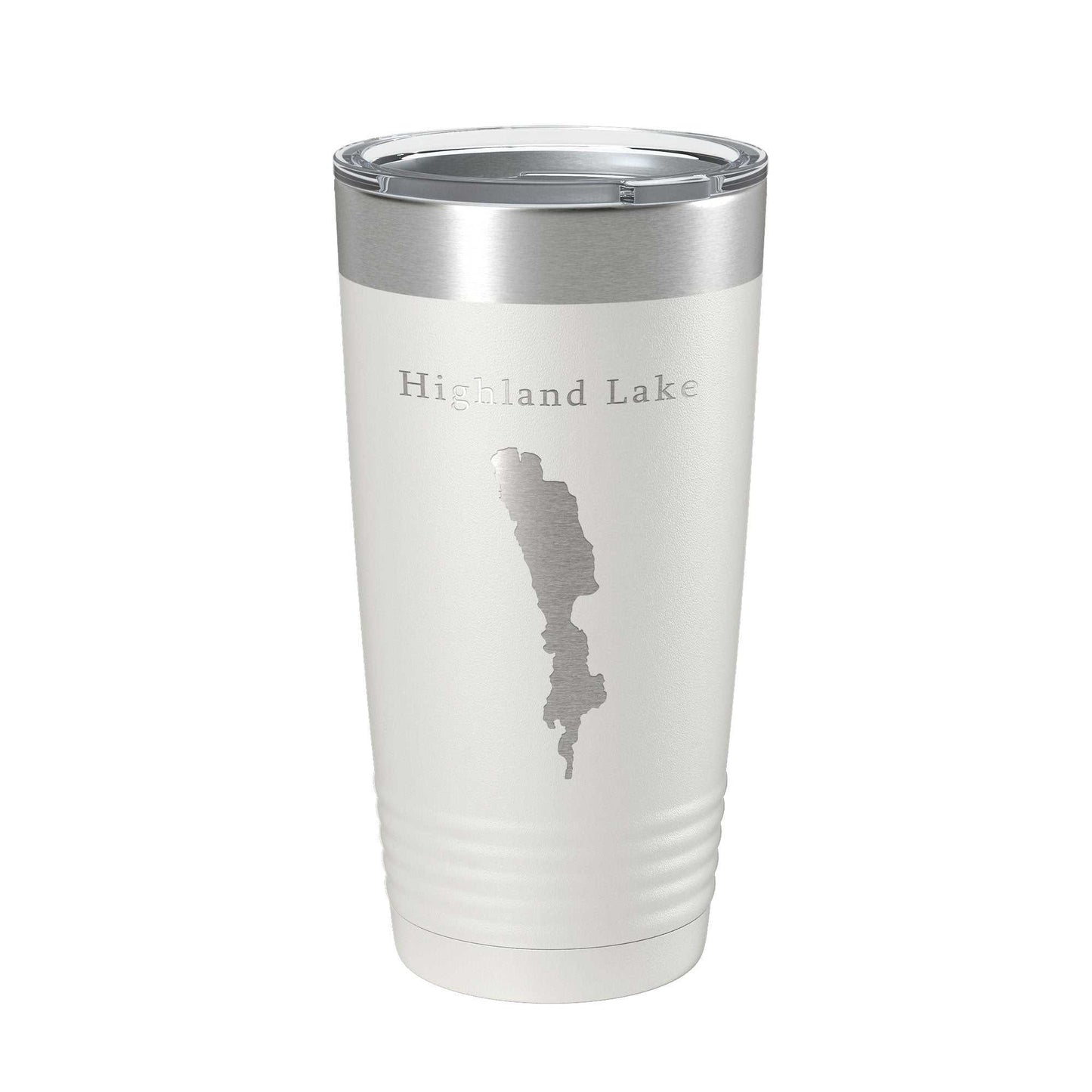 Highland Lake Map Tumbler travel mug with laser engraved stainless steel insulated coffee cup and clear lid, 20 oz capacity