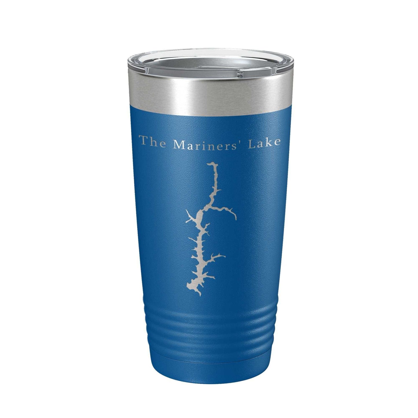 Blue insulated travel mug with Mariners' Lake map laser engraved on stainless steel surface and clear lid for straw use