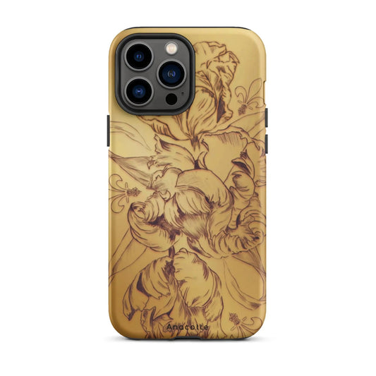 Anacotte Modern Simple gold Flower Leaf iPhone case with vintage floral design and shockproof dual-layer protection