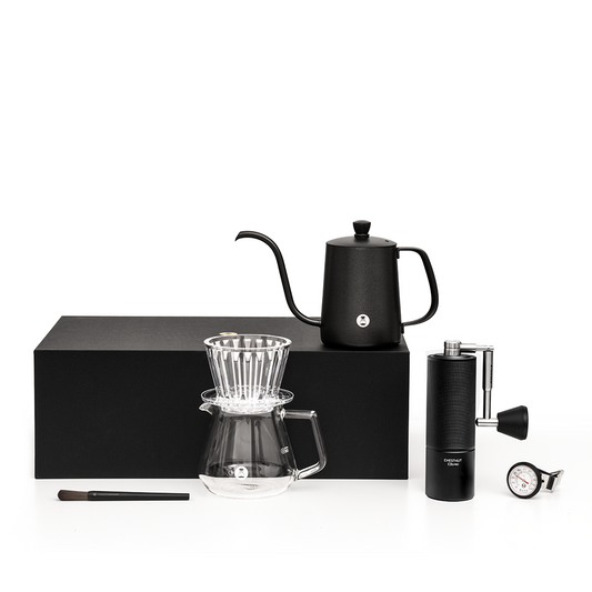TIMEMORE C3S Pro pour-over coffee brewing kit with black grinder, transparent B75 dripper, kettle, server, thermometer, brush, and filter paper set