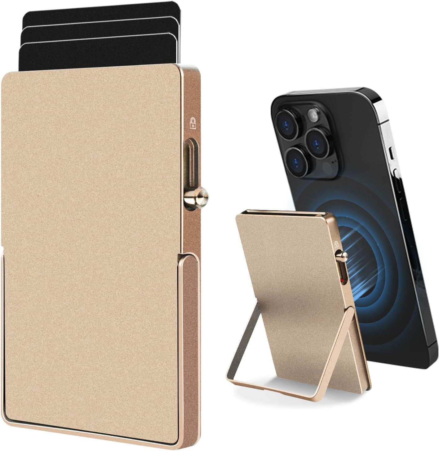 Slim metal RFID blocking wallet with magnetic attachment and adjustable stand for iPhone 12 and above, designed for quick card access and theft protection.