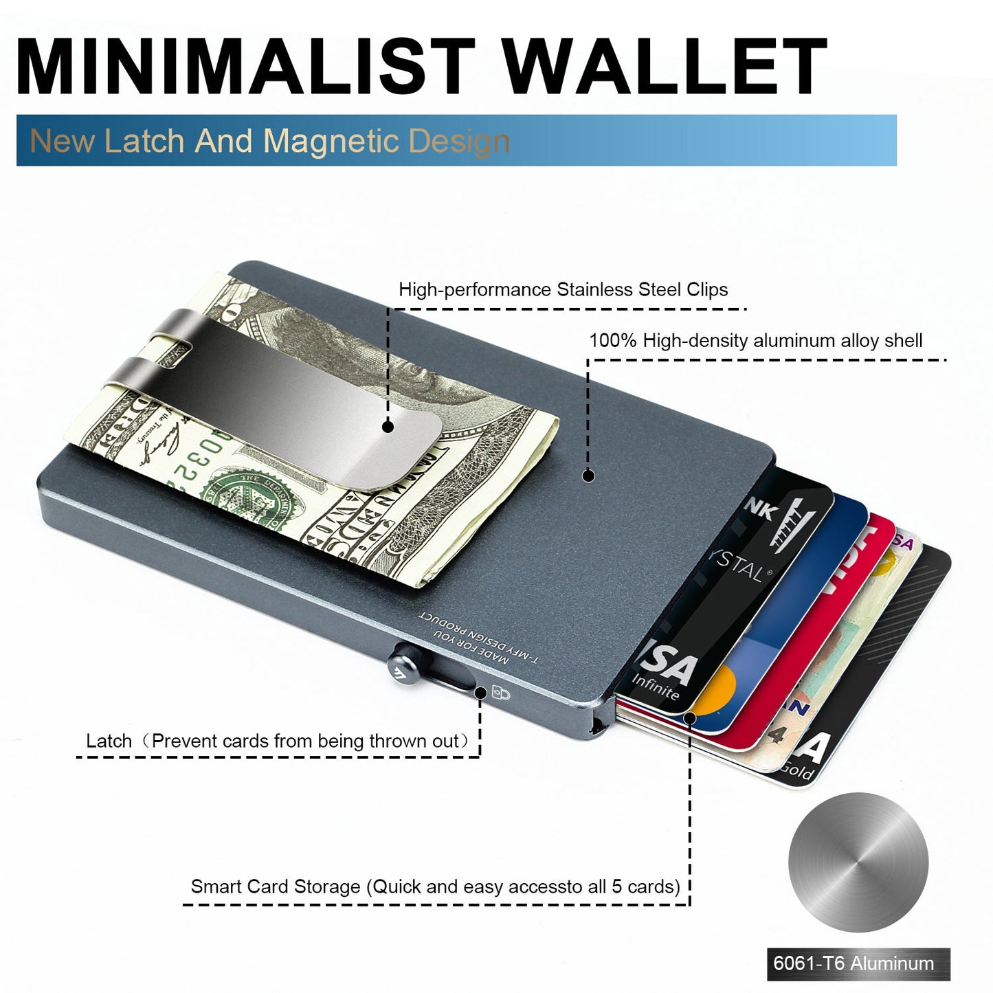 Minimalist pop up wallet with money clip and RFID blocking, slim aluminum card holder with magnetic latch and quick card access.
