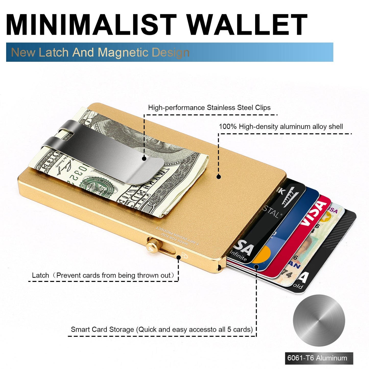 Minimalist pop up wallet with money clip, slim aluminum RFID card holder with magnetic latch and quick access for up to 5 cards.