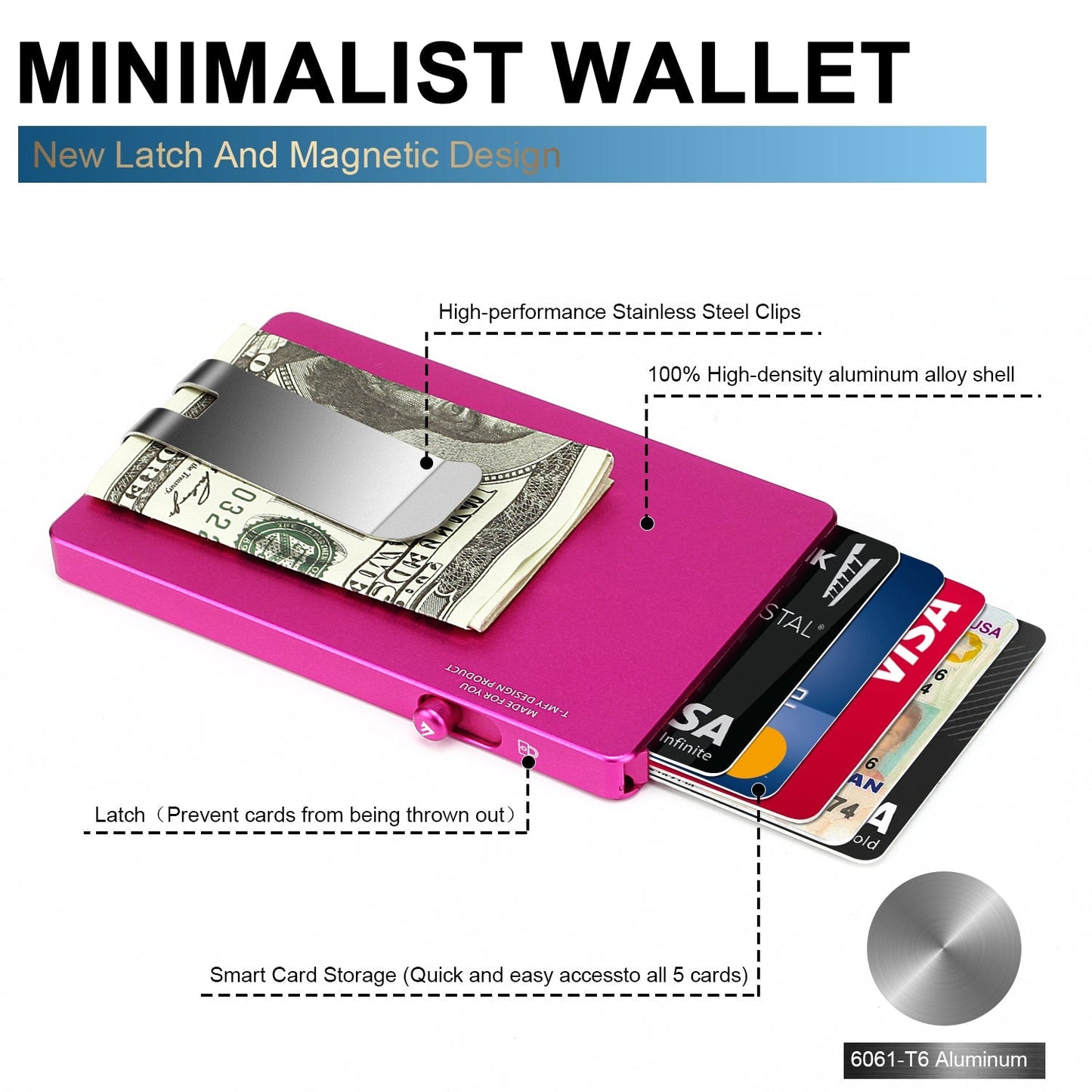 Minimalist pop up wallet in pink aluminum with magnetic money clip and smart card storage for quick access to five cards.