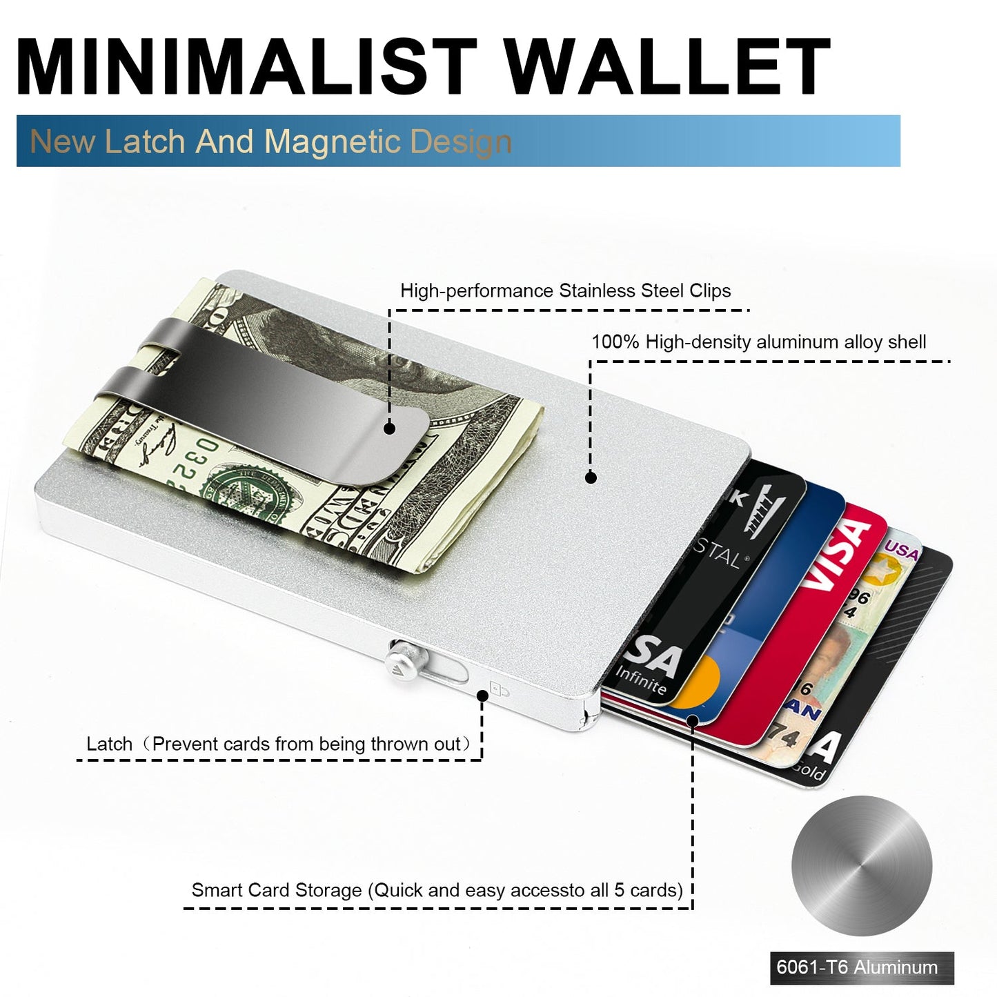 Minimalist pop up wallet with money clip, slim aluminum card holder with RFID blocking and quick access for cards and cash.