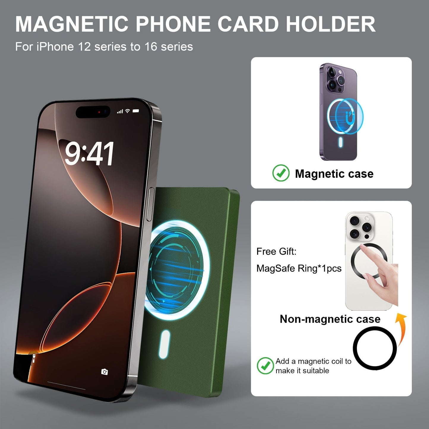 RFID blocking minimalist slim metal card holder with magnetic pop-up and adjustable stand for iPhone 12 to 16 series.