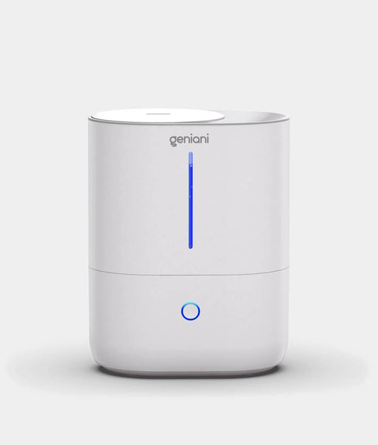 Compact white bedroom humidifier with 4L tank, cool mist, LED night light, and top-fill design