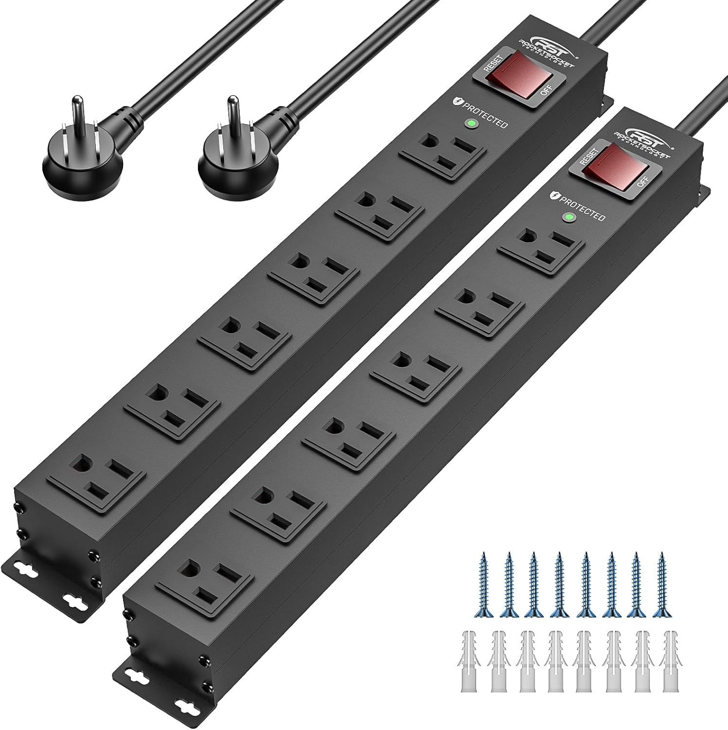 2PK wider spaced 6 outlet metal surge protector power strips with 6ft flat plug cords and mounting screws