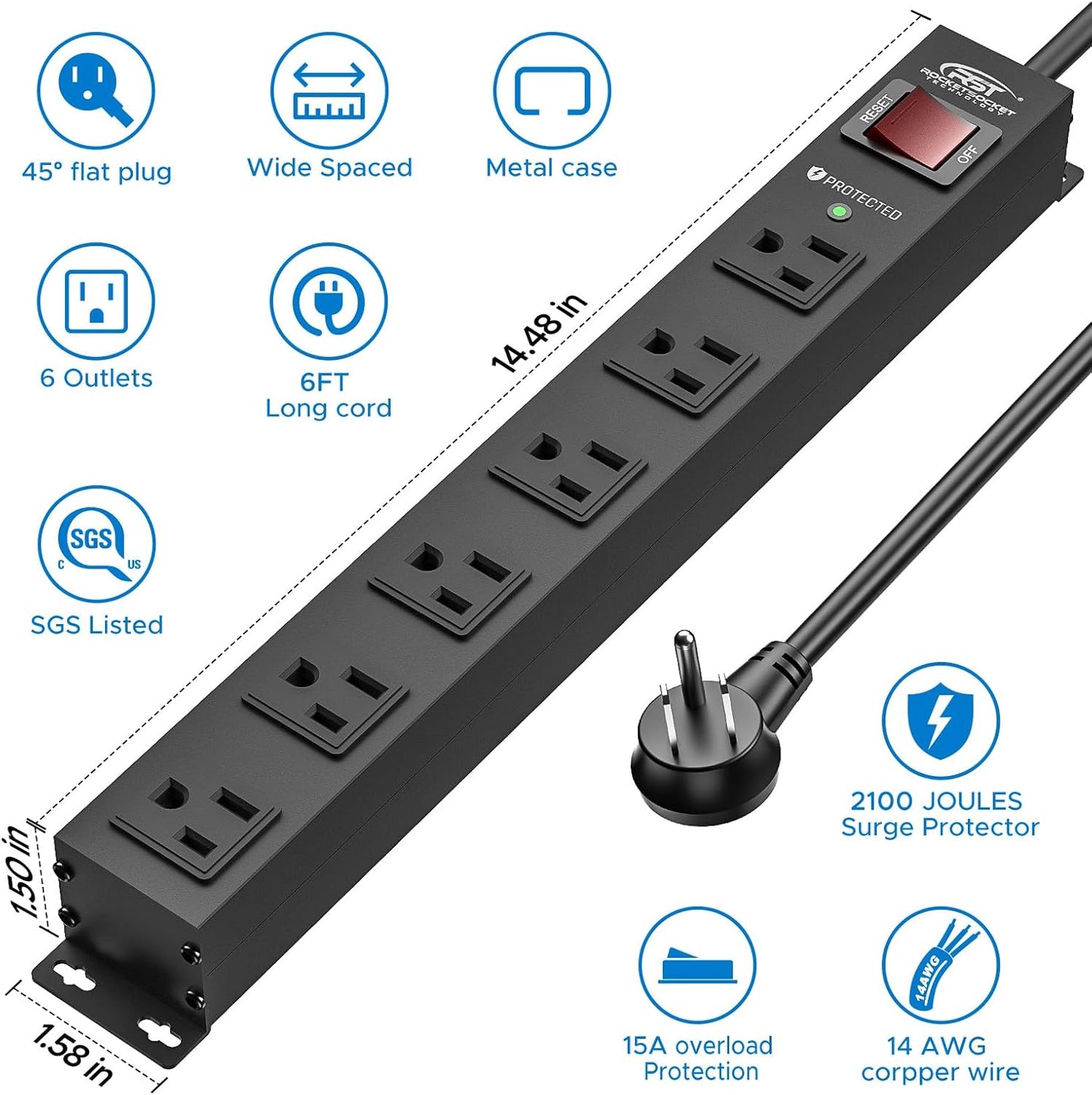 2PK wider spaced 6 outlet metal surge protector power strip with 2100J protection and 6FT flat plug extension cord
