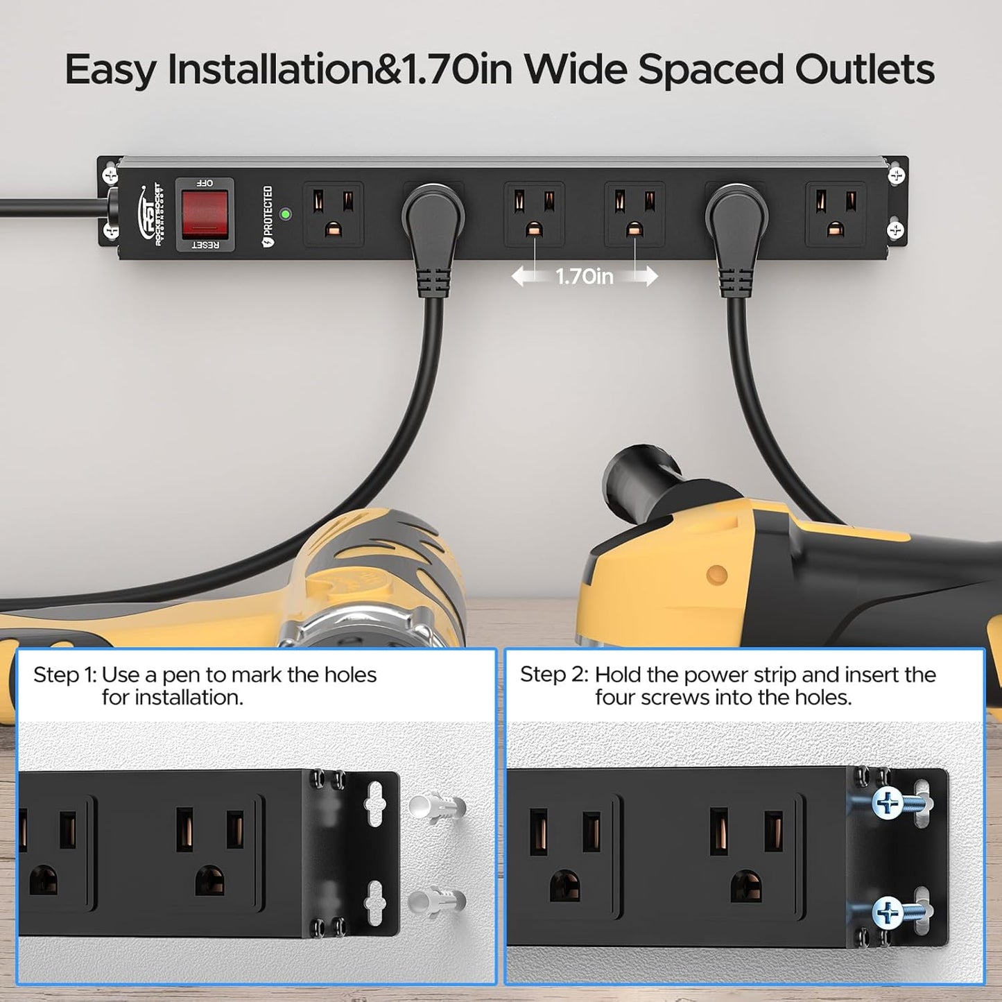 2PK wider spaced metal surge protector power strip with 6 outlets and 1.7-inch spacing, heavy-duty mountable design with flat plug extension cord