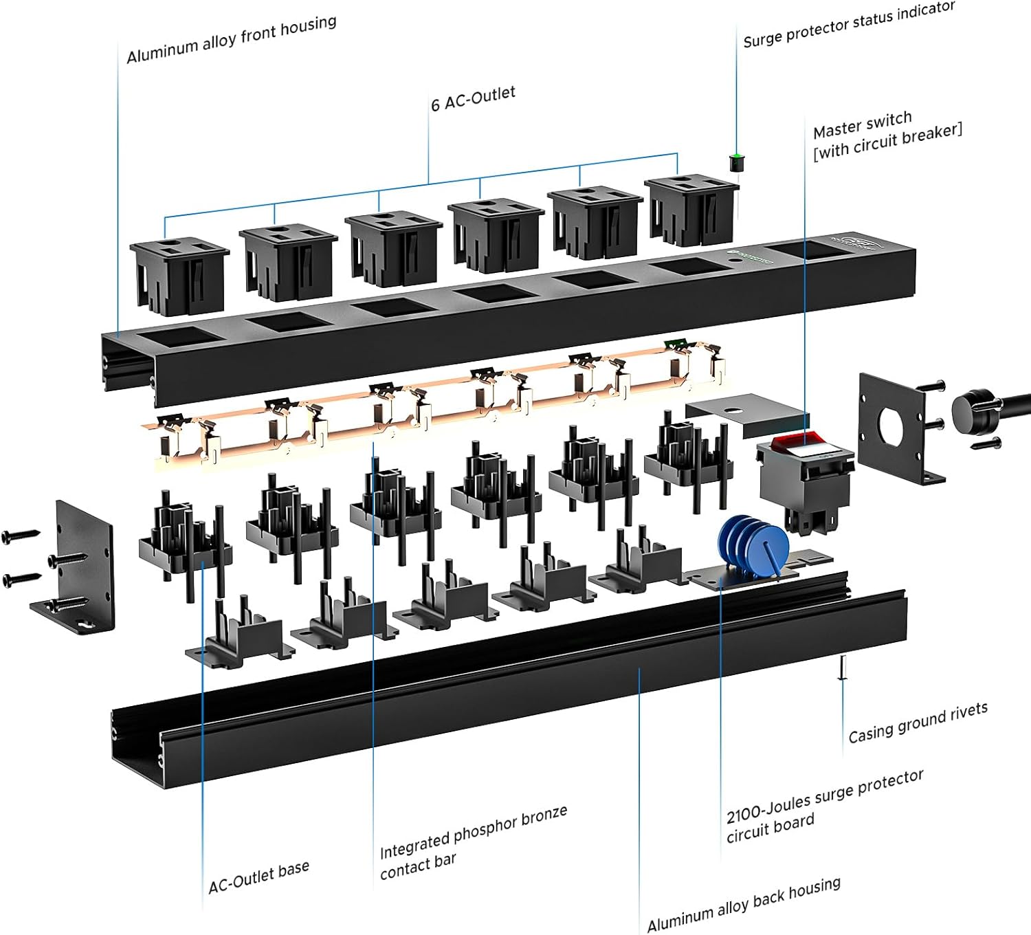 Exploded view of 2PK wider spaced 6 outlet metal surge protector with aluminum alloy housing and 2100J surge protection circuit board