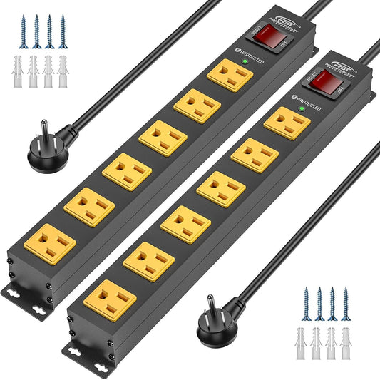 2PK wider spaced 6 outlet heavy duty metal surge protector power strip with 6FT flat plug extension cord and mounting screws