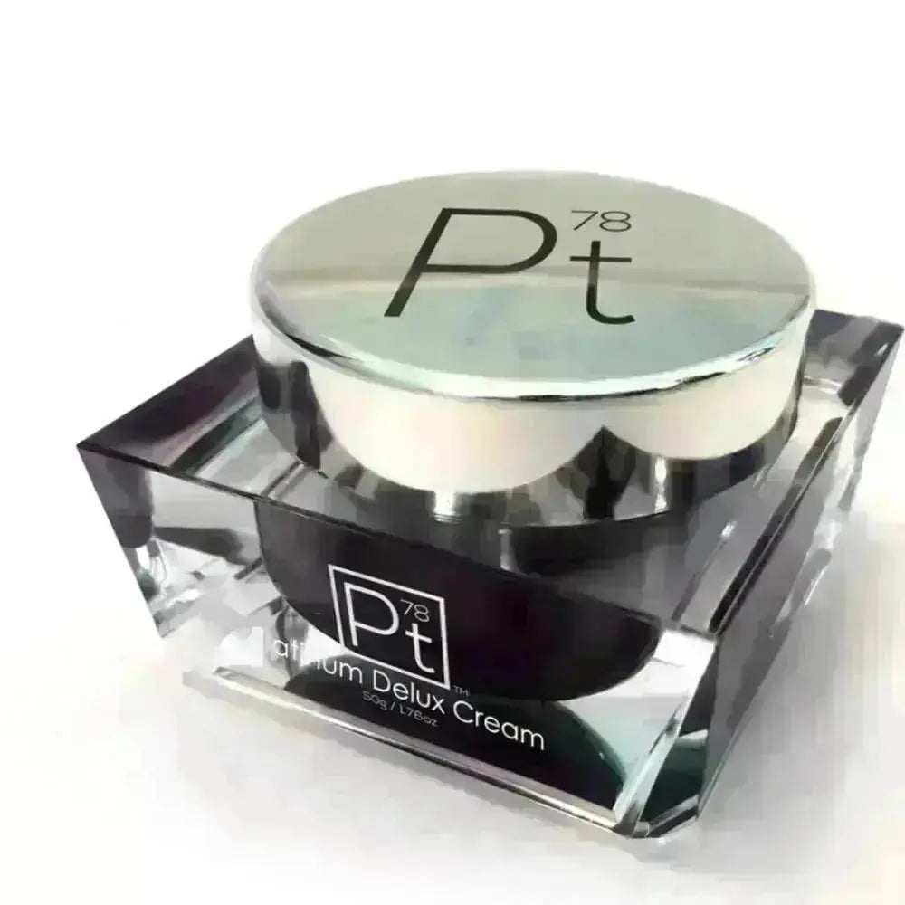 Platinum Deluxe Cream anti-aging moisturizing face cream in luxurious clear square jar with metallic silver lid.