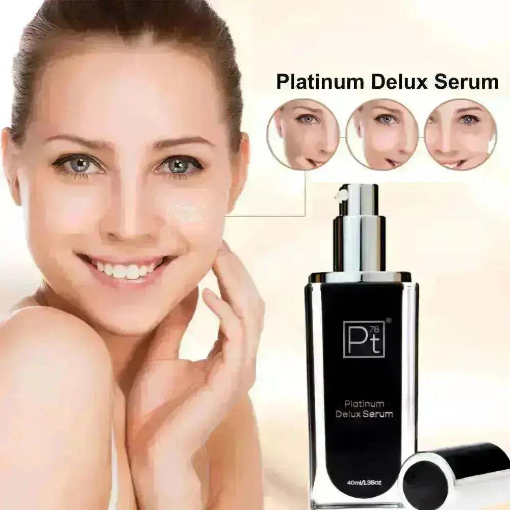 Platinum Delux Serum bottle with a smiling woman showing smooth, bright, and firm skin and close-up before-and-after skin improvement images.