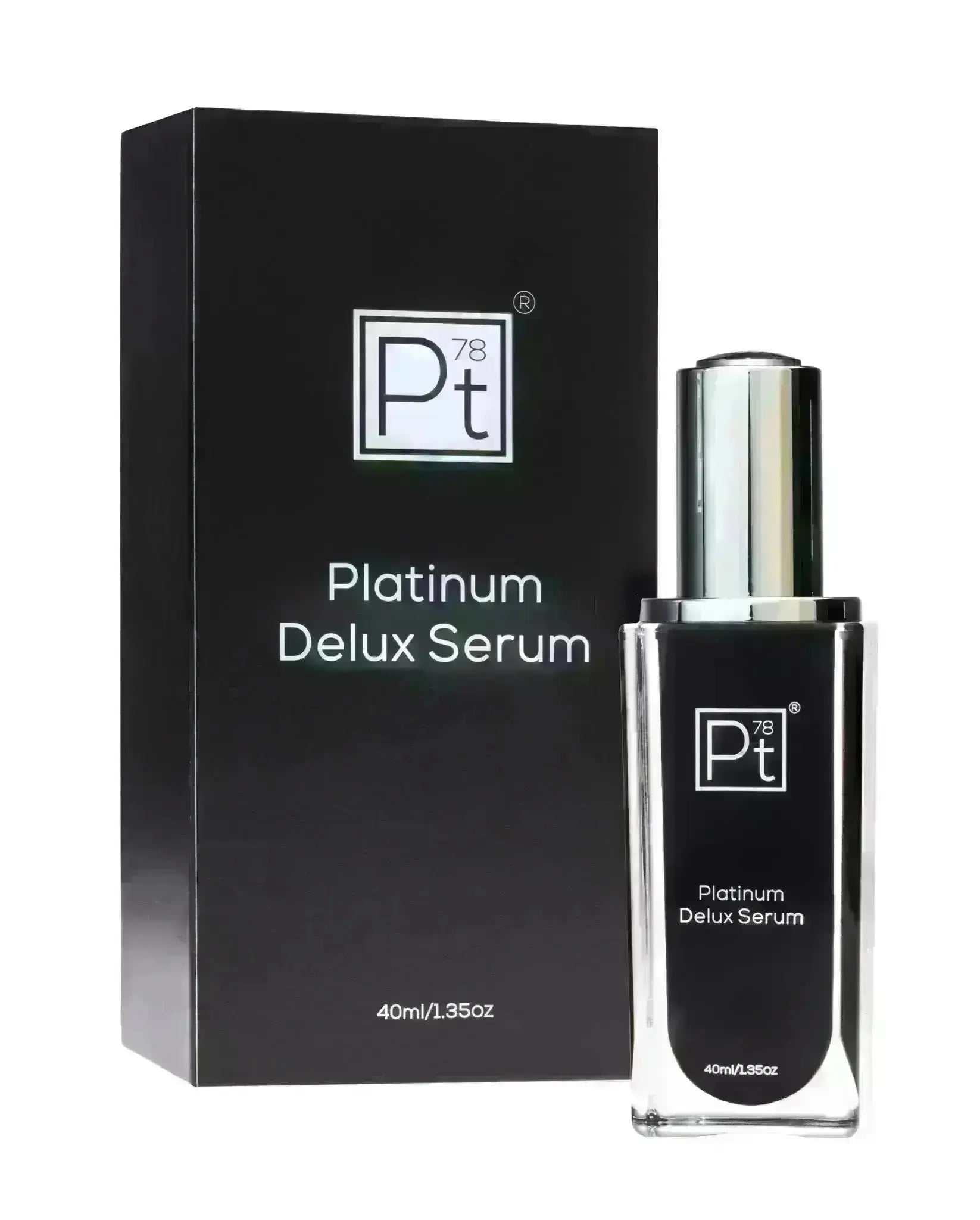 Platinum Delux Serum bottle and black box packaging with antioxidant Vitamin C skincare for firming and brightening skin.