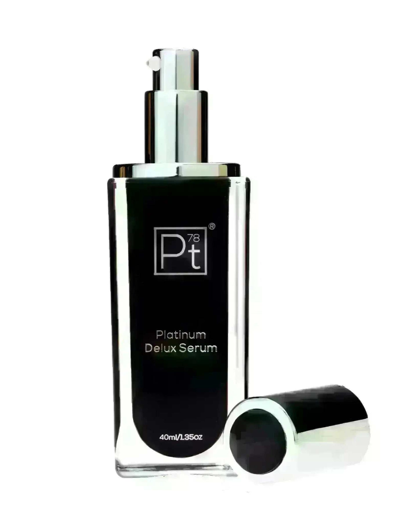 Platinum Delux Serum bottle with pump dispenser for firming and brightening skin tone.