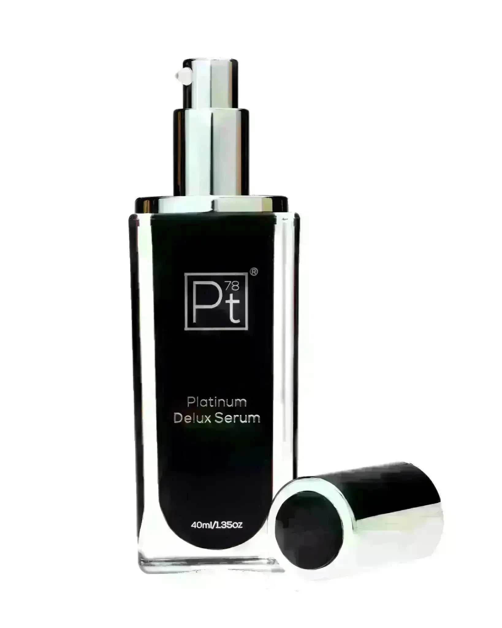 Platinum Delux Serum bottle with pump dispenser for firming and brightening skin tone.