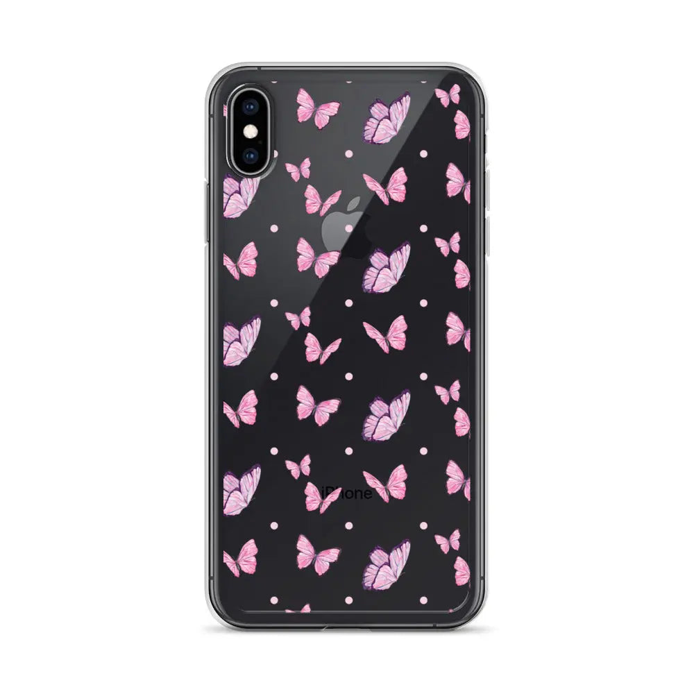 Clear printed silicone iPhone case with pink butterfly design and shockproof flexible edges