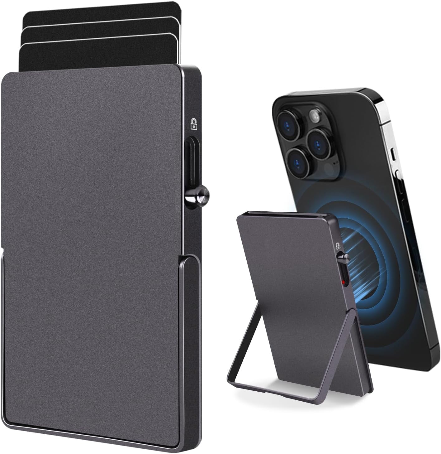 Slim metal RFID blocking wallet with adjustable stand and strong magnetic attachment for iPhone, minimalist card holder with secure lock and quick one-hand card access