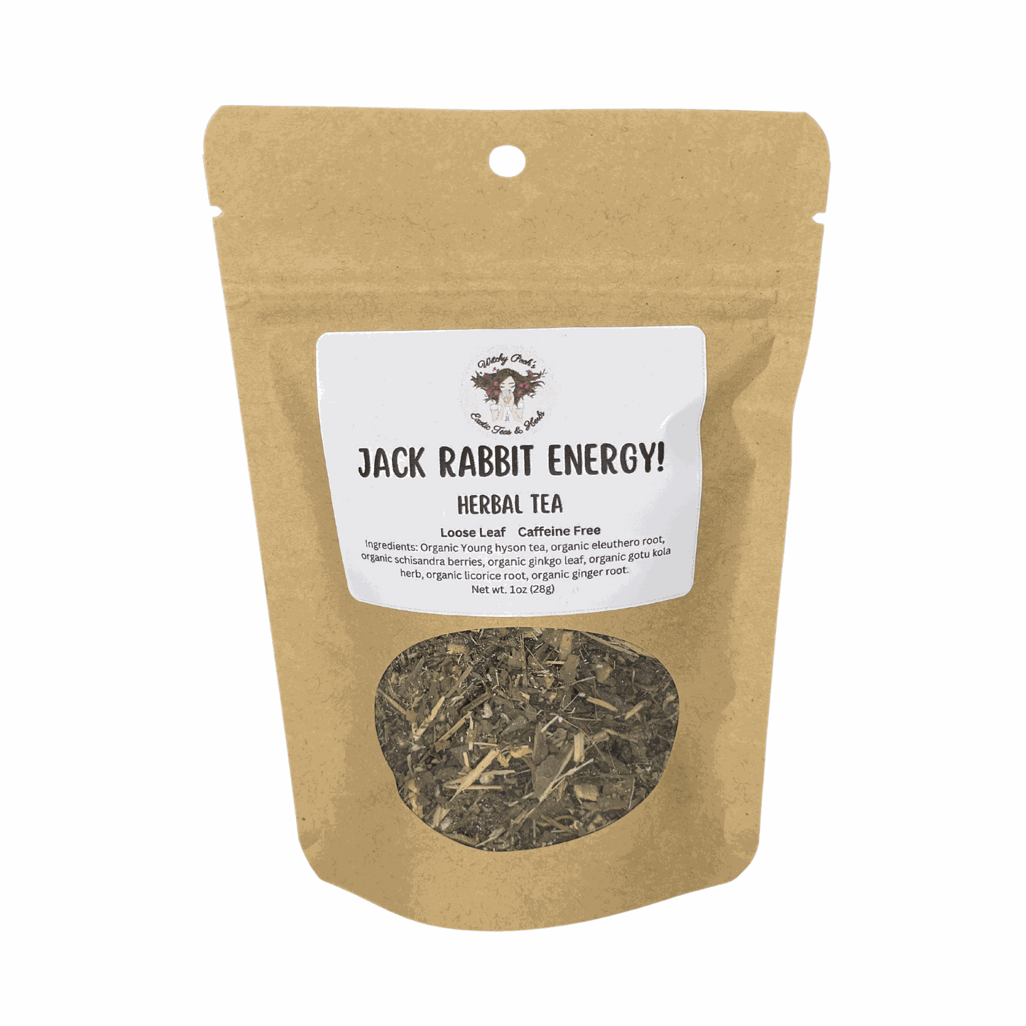 Witchy Pooh's Jack Rabbit Energy Tea loose leaf herbal tea in kraft pouch with viewing window, caffeine-free and sugar-free blend.
