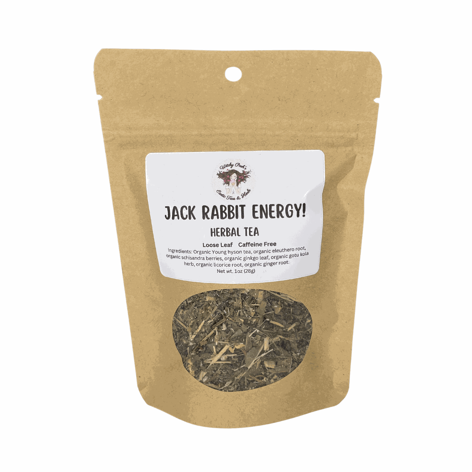 Witchy Pooh's Jack Rabbit Energy Tea loose leaf herbal tea in kraft pouch with viewing window, caffeine-free and sugar-free blend.