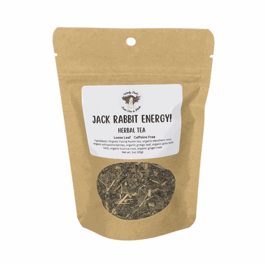 Witchy Pooh's Jack Rabbit Energy Tea loose leaf herbal tea in kraft pouch with viewing window, caffeine-free and sugar-free blend.