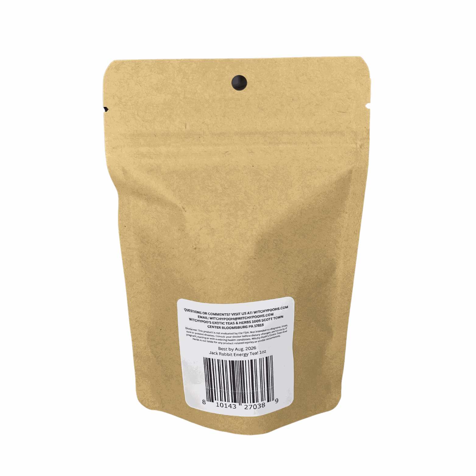 Witchy Pooh's Jack Rabbit Energy Tea loose leaf herbal tea in kraft paper pouch with resealable zipper and barcode label