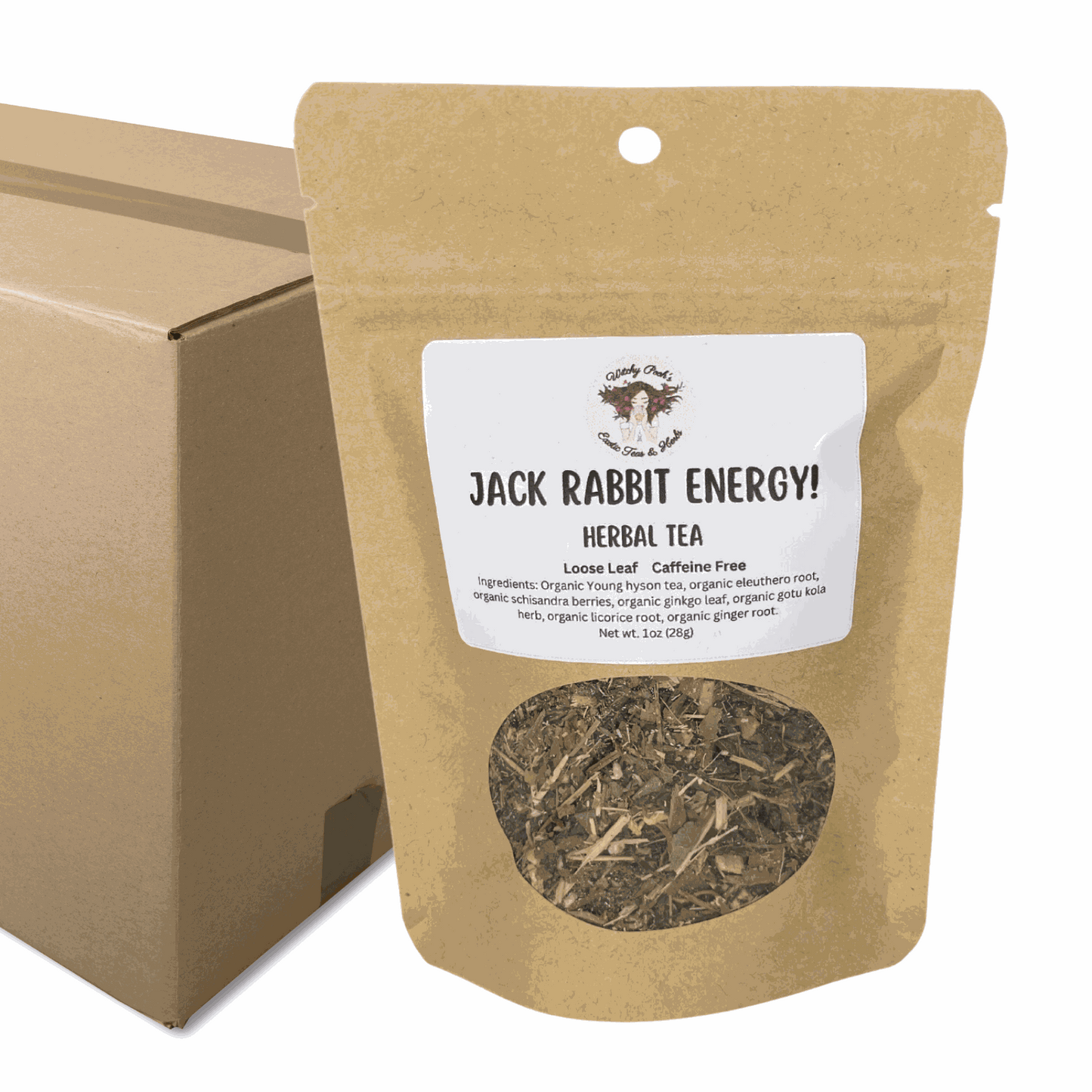 Witchy Pooh's Jack Rabbit Energy Tea loose leaf herbal tea in kraft paper pouch with viewing window and caffeine-free blend