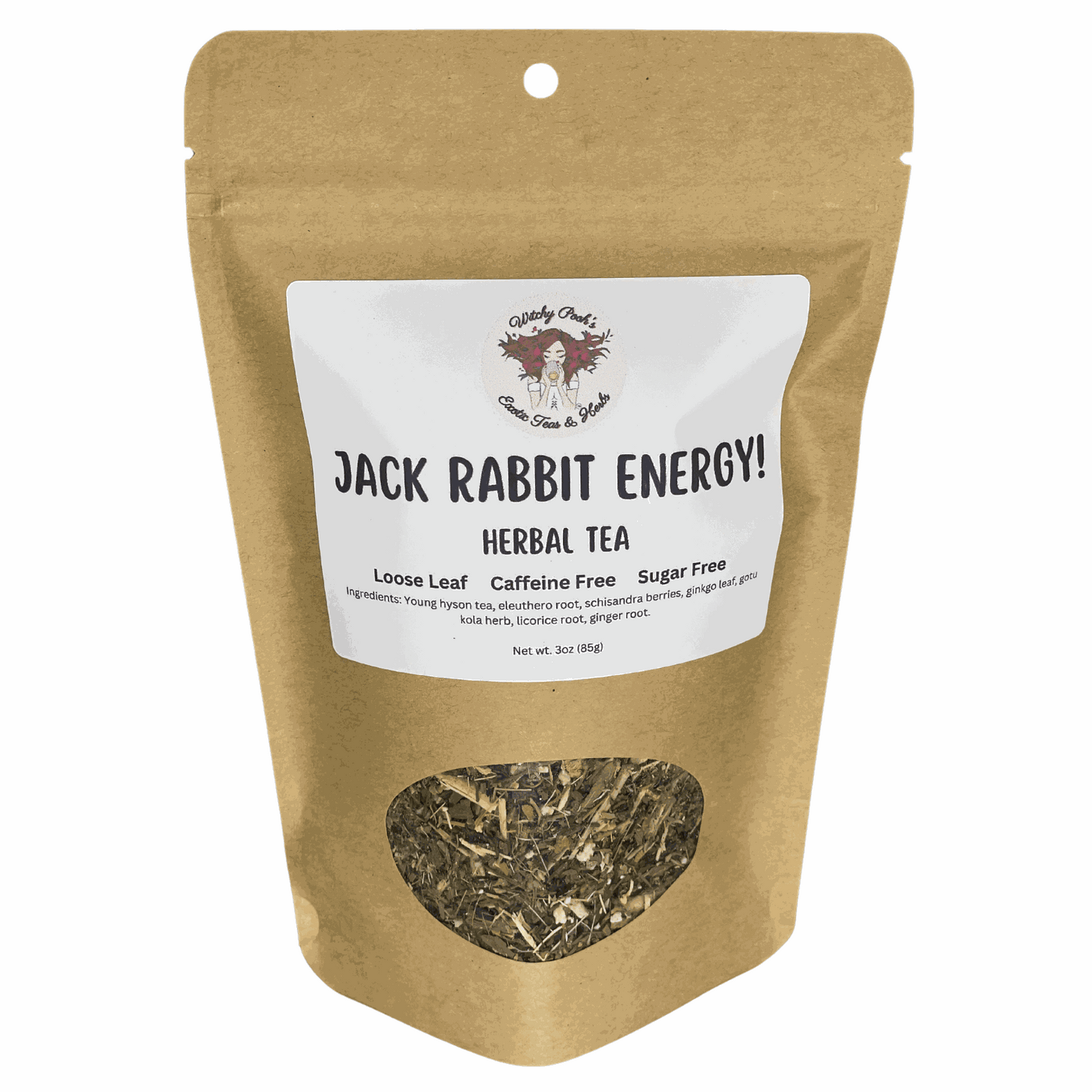 Witchy Pooh's Jack Rabbit Energy Tea loose leaf herbal tea in kraft paper pouch with viewing window, caffeine-free and sugar-free blend