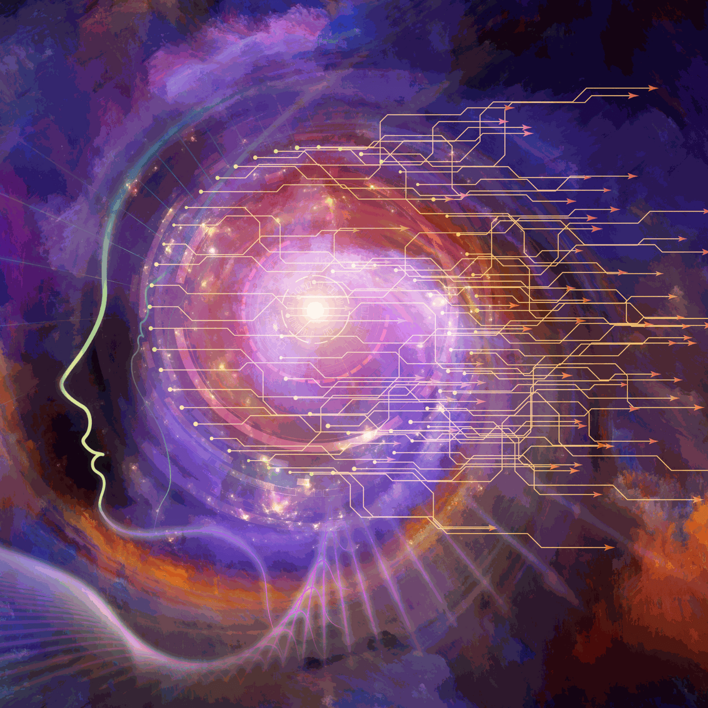Abstract digital art of a human head silhouette with glowing circuits and cosmic energy, symbolizing mental clarity and spiritual awakening for Witchy Pooh's Jack Rabbit Energy Tea.