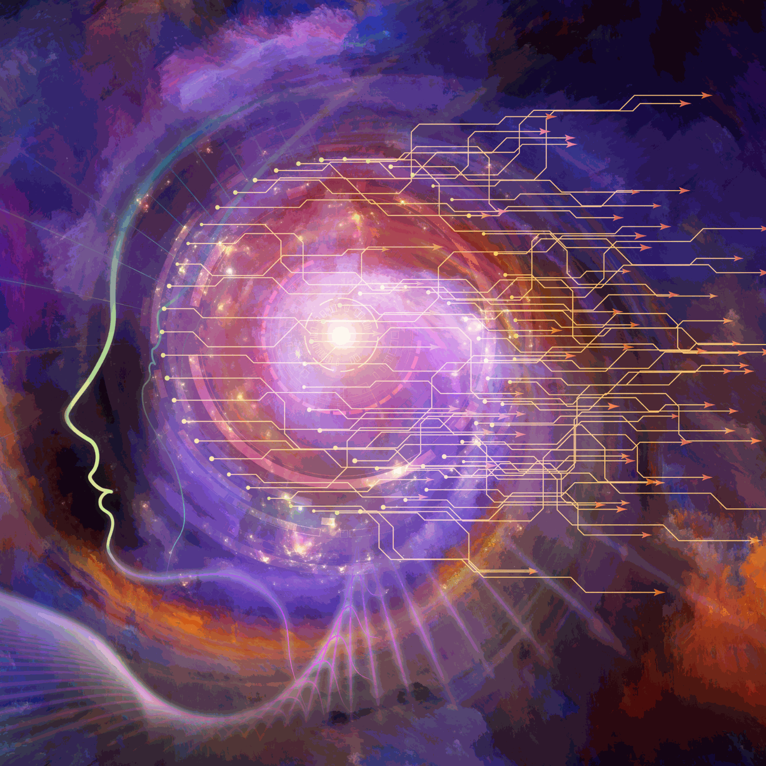 Abstract digital art of a human head silhouette with glowing circuits and cosmic energy, symbolizing mental clarity and spiritual awakening for Witchy Pooh's Jack Rabbit Energy Tea.