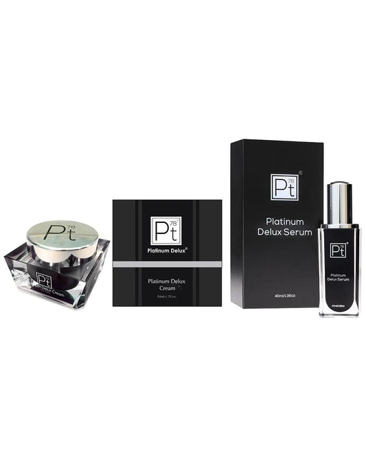 Women's 2pc Diamond Cream and Serum set with Platinum Delux Cream and Serum in black packaging for radiant skin