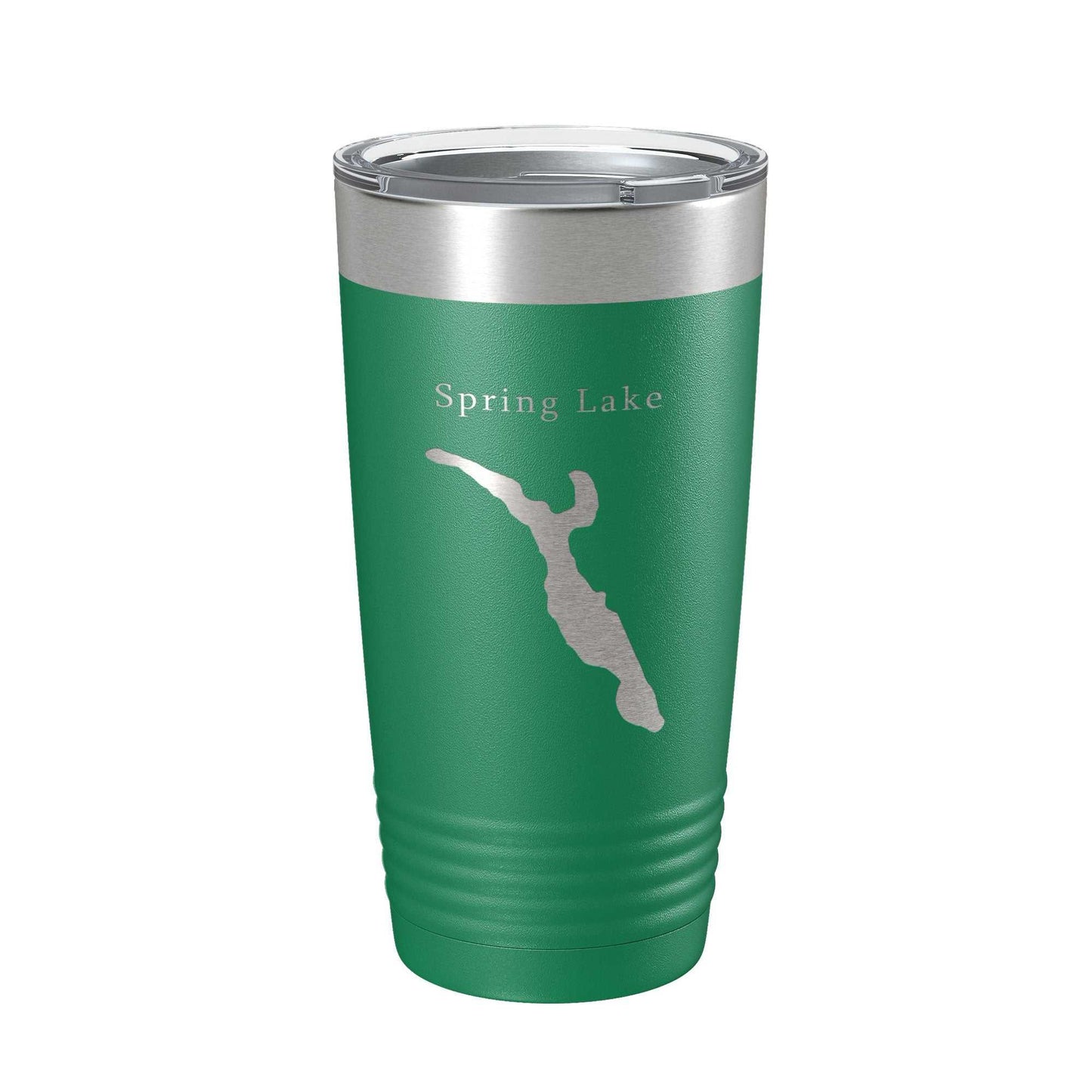 Green 20 oz insulated travel tumbler with laser engraved Spring Lake Divine Park map and clear lid