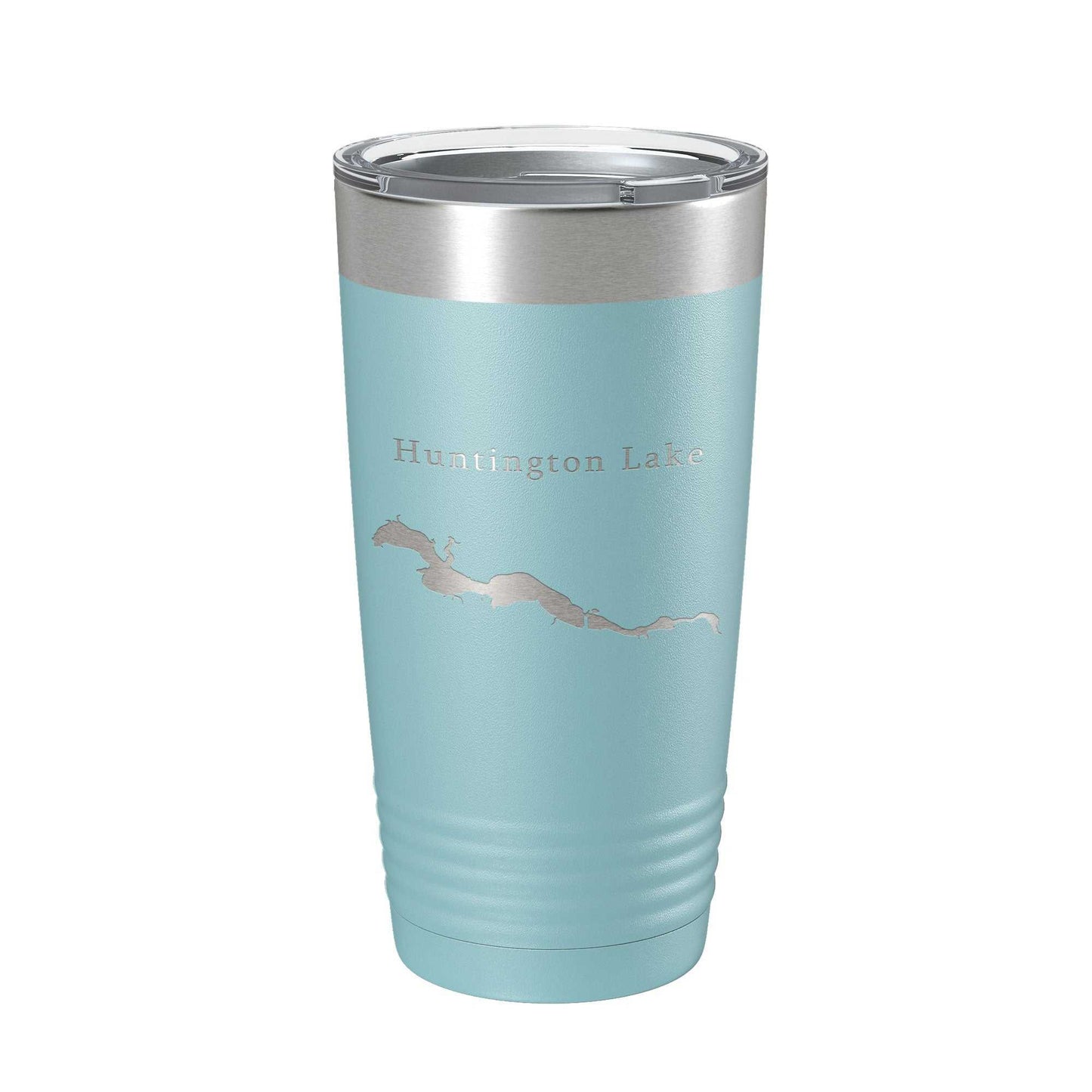 Huntington Lake map laser engraved insulated stainless steel travel tumbler with clear lid, 20 oz, blue powder coat finish