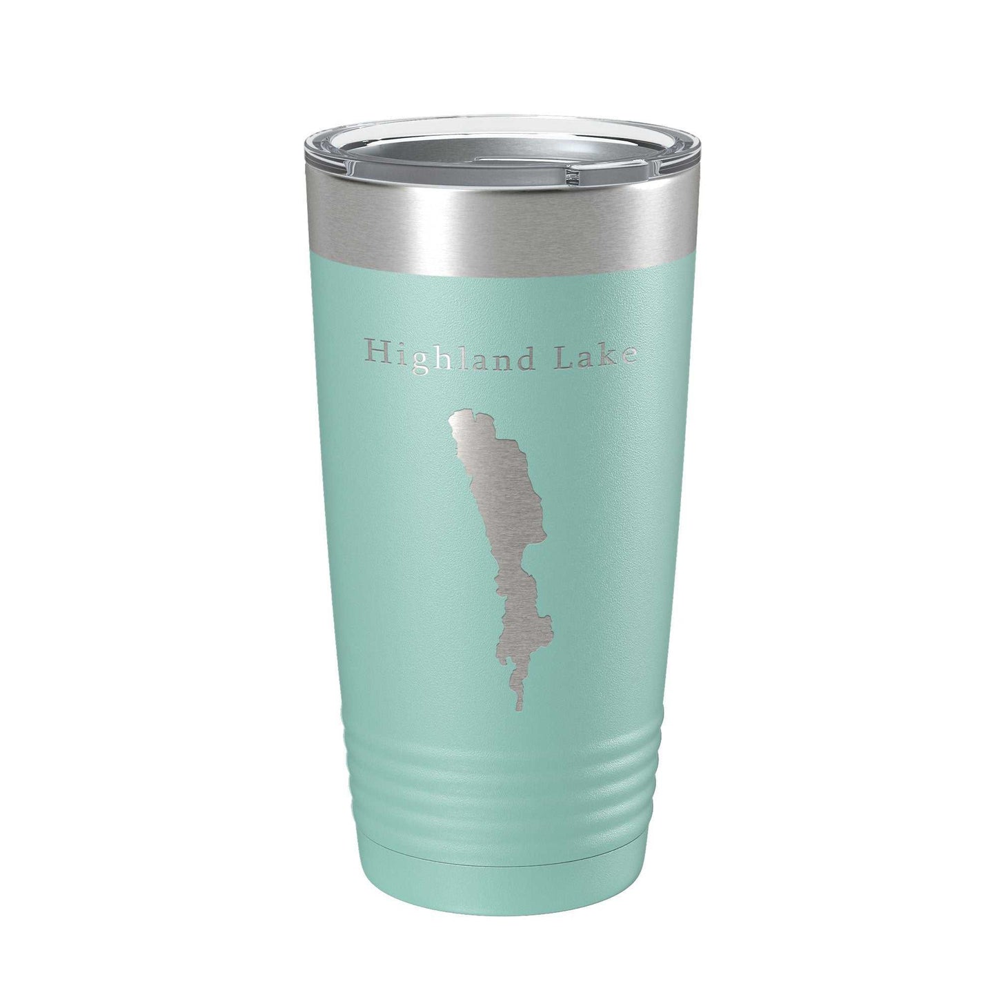 Highland Lake Map Tumbler travel mug with laser-engraved stainless steel design, insulated 20 oz coffee cup with clear lid.
