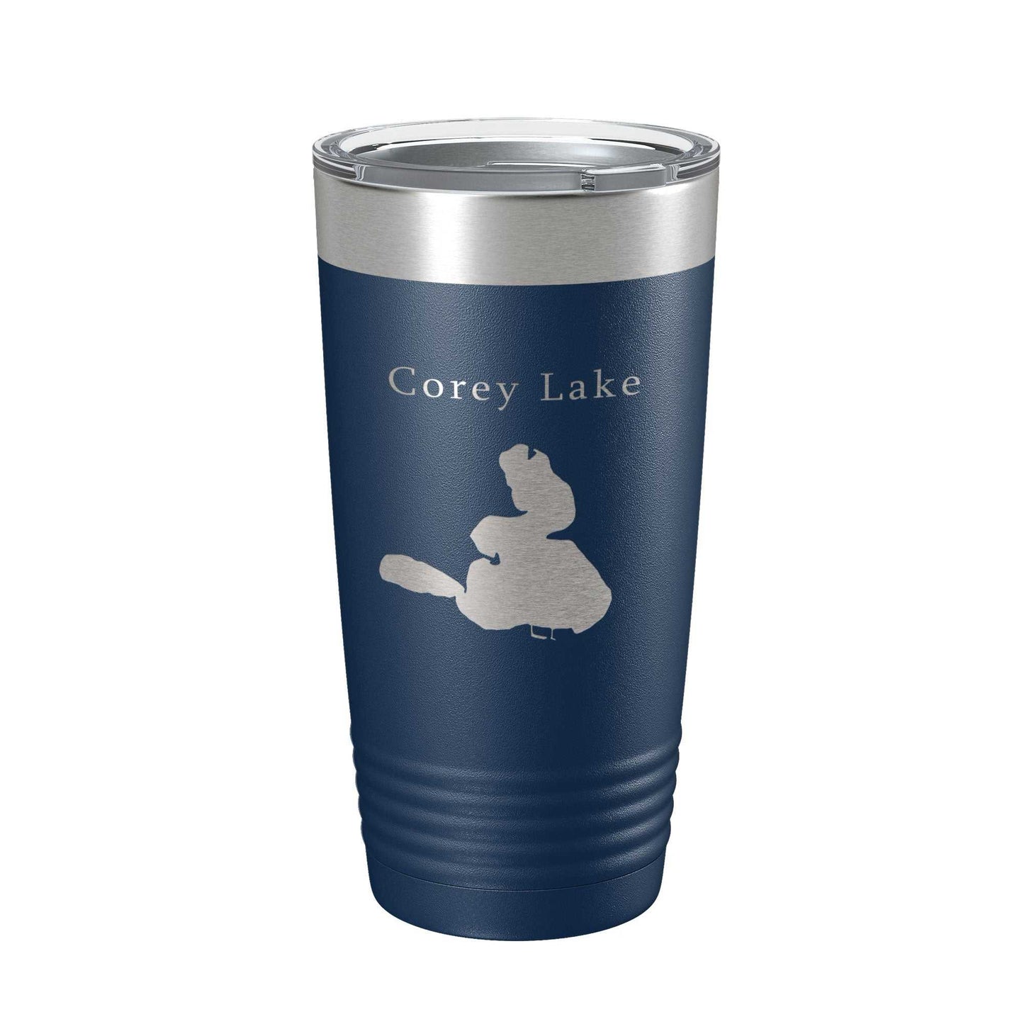 Corey Lake map laser engraved insulated stainless steel travel tumbler with clear lid and blue powder coat finish, 20 oz capacity