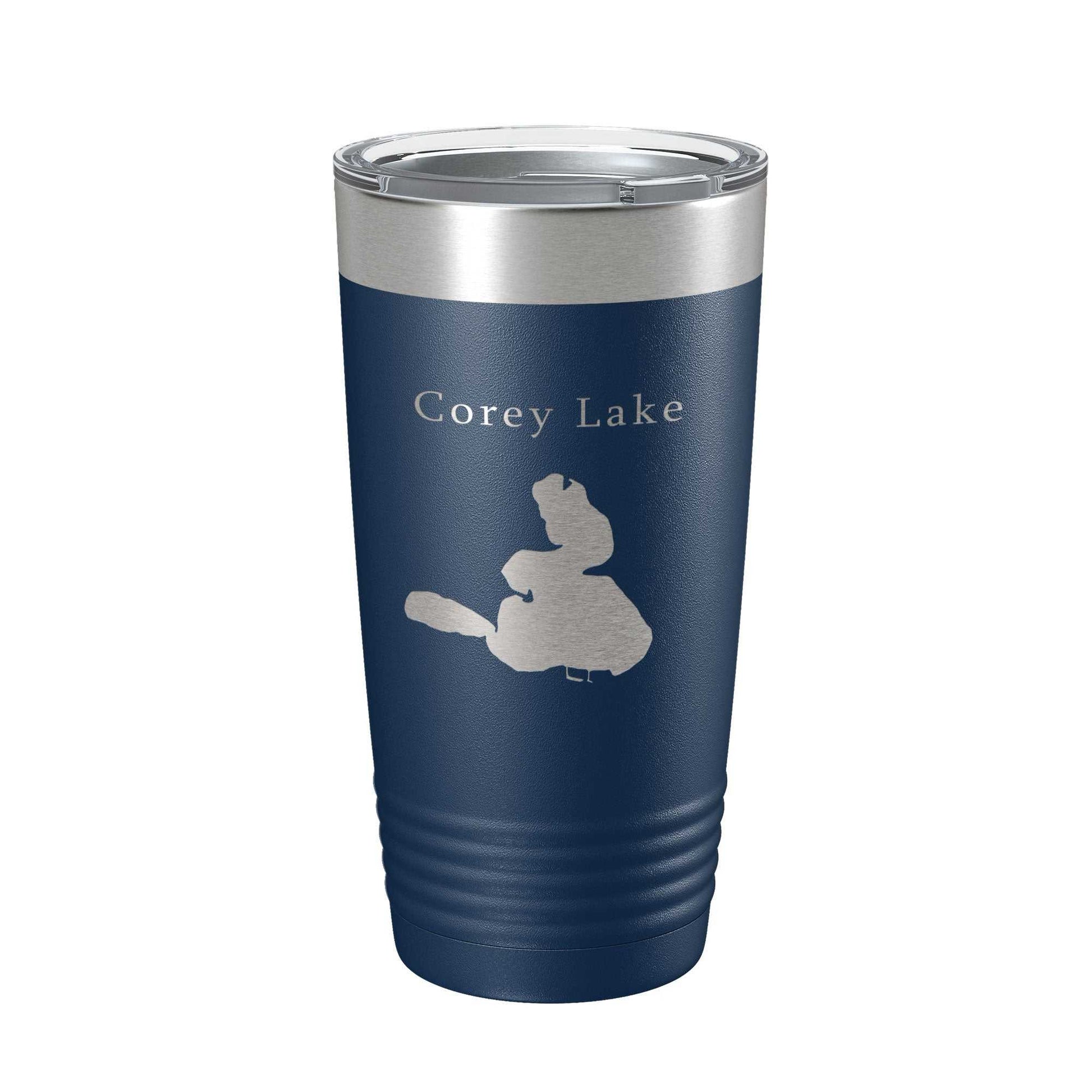 Corey Lake map laser engraved insulated stainless steel travel tumbler with clear lid and blue powder coat finish, 20 oz capacity