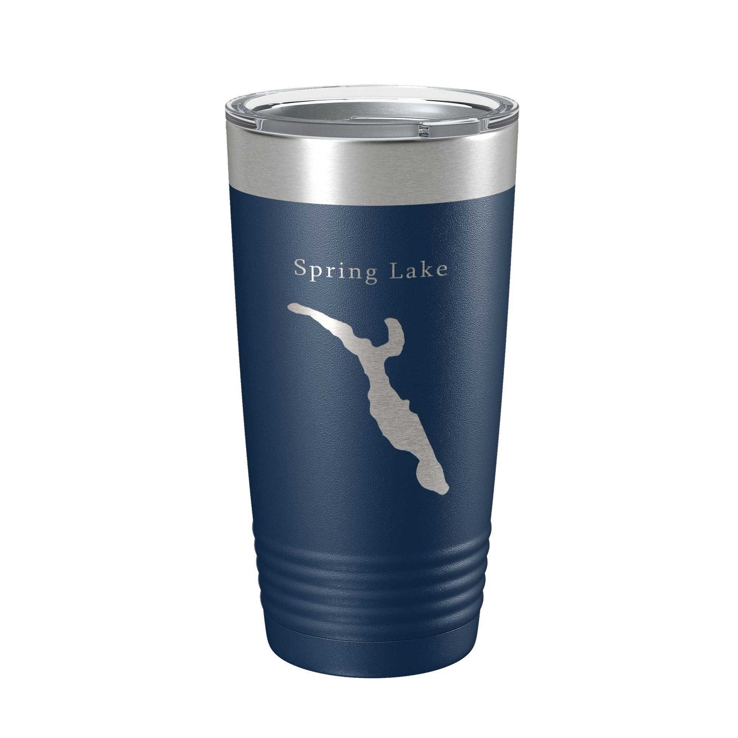 Blue stainless steel travel tumbler with Spring Lake Divine Park map laser engraved, clear lid, and insulated design for hot or cold drinks, 20 oz capacity
