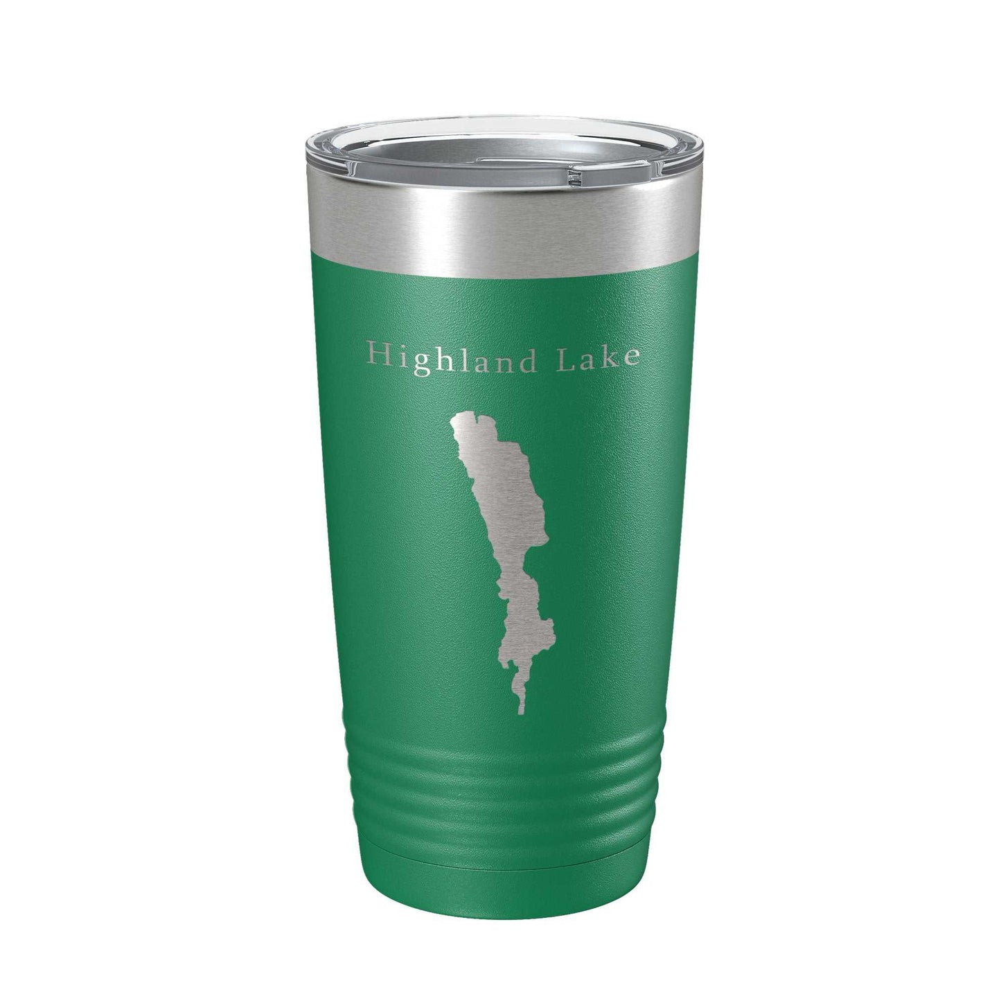 Green Highland Lake Map Tumbler travel mug with laser-engraved stainless steel design and clear lid, insulated for hot and cold drinks.