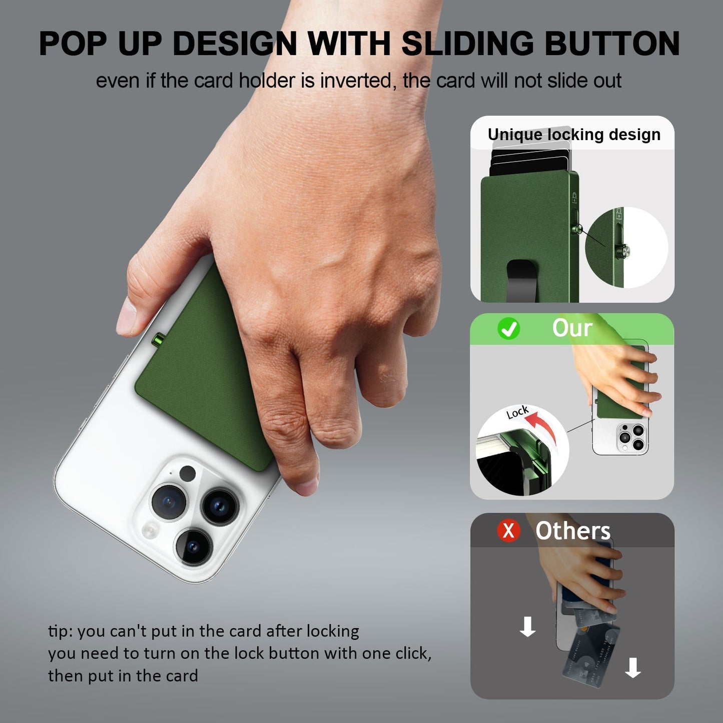 Minimalist pop up wallet with sliding button and unique locking design, attached to the back of a smartphone for secure card storage and easy access.