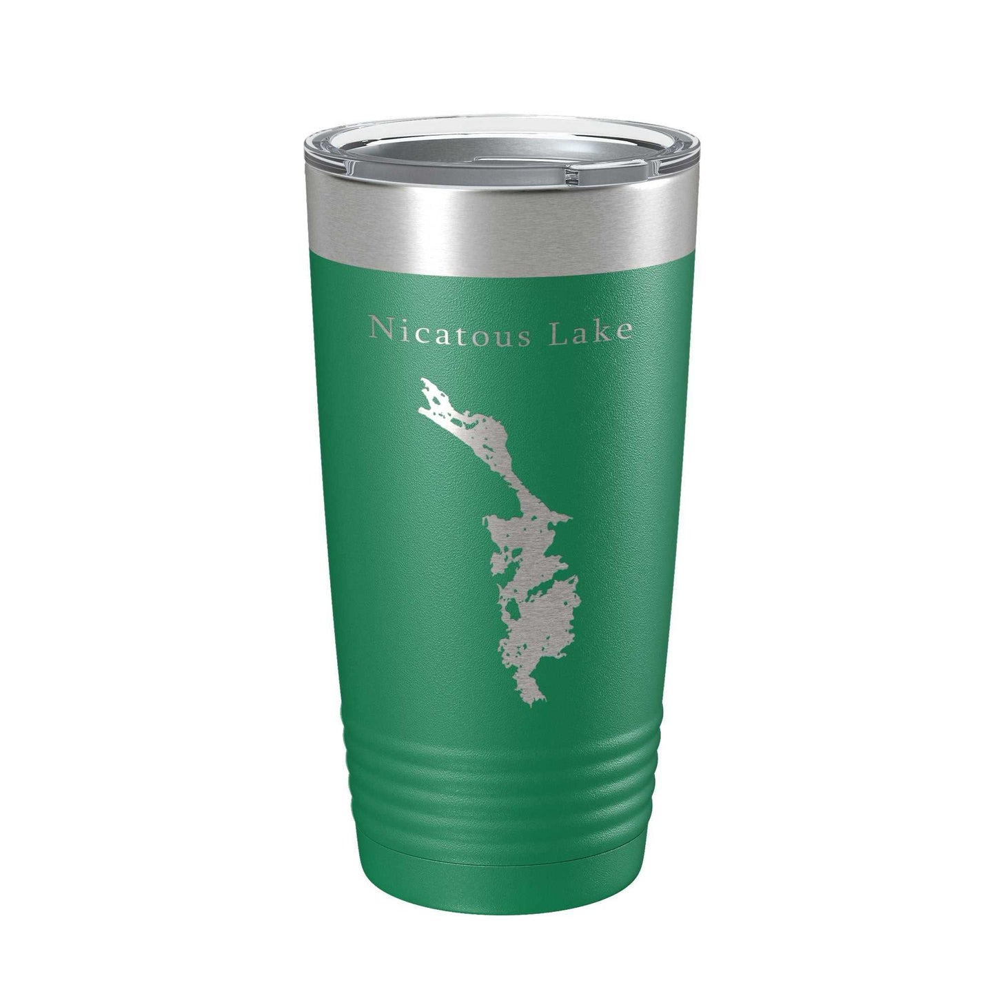 Green Nicatous Lake map laser engraved stainless steel insulated travel tumbler with clear lid, 20 oz.
