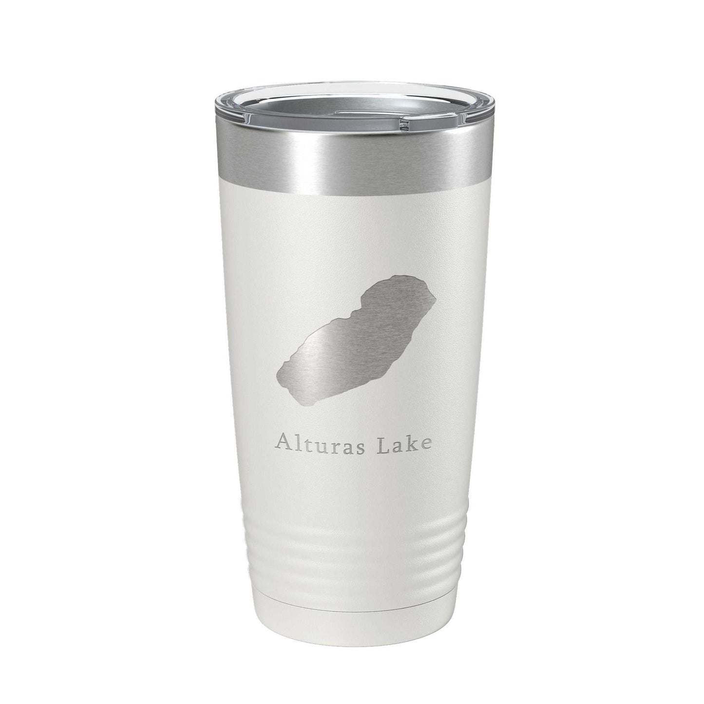 Alturas Lake Map Tumbler travel mug with laser engraved map, 20 oz insulated stainless steel coffee cup with clear lid and narrow base for cup holders