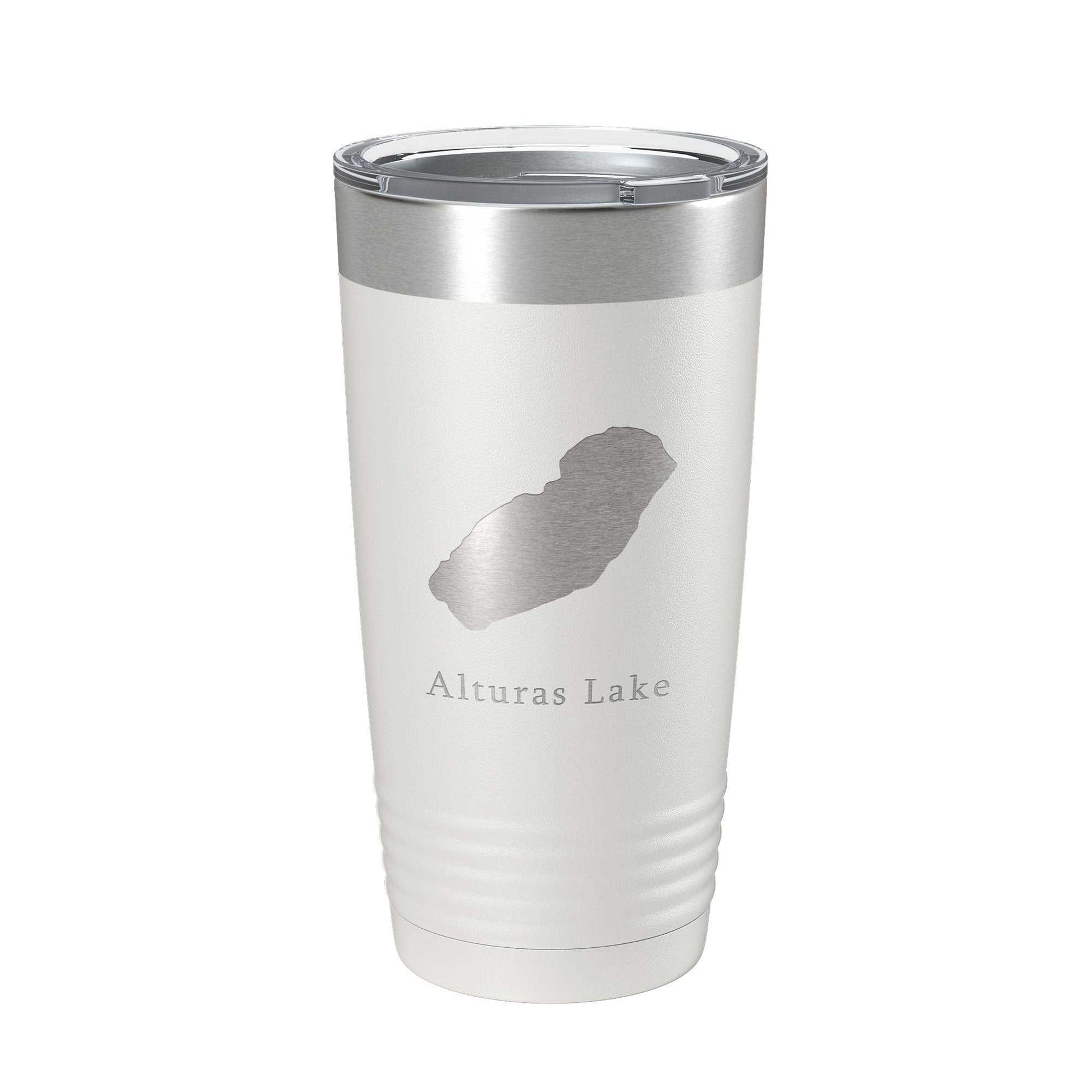 Alturas Lake Map Tumbler travel mug with laser engraved map, 20 oz insulated stainless steel coffee cup with clear lid and narrow base for cup holders
